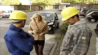 Girl in black pantyhose gets her pussy fucked on the set of adult entertainment