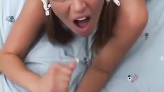 Standing sex with a blondie, smooth pussy and slave-like blowjob