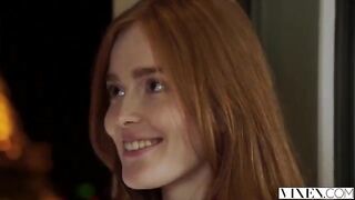 The guy carefully licked the gingerbread of the red-haired girl