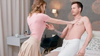 Lovers have a frank conversation without clothes on the bed