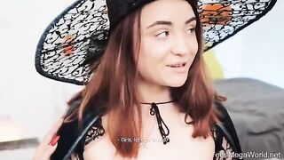 Lesbian beauties fucked in a role-playing scenario on Halloween night