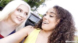 Two beautiful girls shared a guy's dick in an interracial encounter on the street