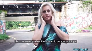 Blonde MILF makes love right in the public place, showcasing daring passion