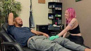 Black guy with a tattoo gets his dick sucked