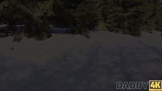 The man slid on the sled to the fire and fucked with a big-breasted girl