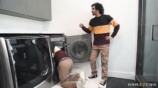 A hot blonde is being fucked by two guys who look like each other