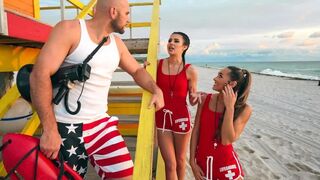 Two hot teenage girls are getting fucked by a horny lifeguard in FFM