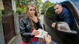 A whore gets money for cock in her car, just like in a fake taxi