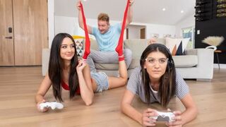 A couple has sex while the roomies are away in their gamer room