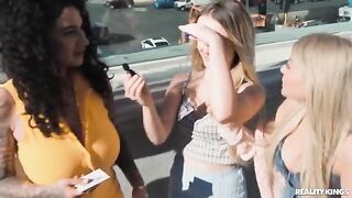 Two sexy lesbian chicks strip and caress each other, captured in a steamy scene