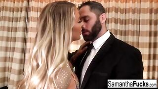 A busty blonde beauty, Samantha Saint, enjoys intimate moments in a hotel room