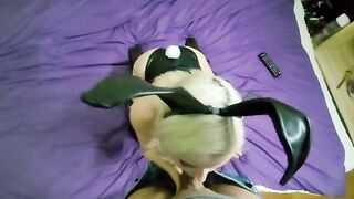 A fine woman in a bunny suit deep throats cock and balls