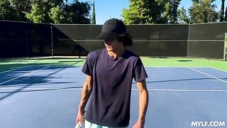 The girl is demonstrating her skills to a guy in a very frank style