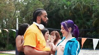 A beautiful girl has sex right in the yard, enjoying nature