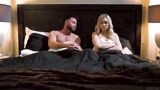 Two cute girls have their night of passion on the bed, filled with juicy action