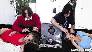 A depraved news program features intense and passionate group scenes