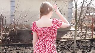 A hot blonde has sex right in the village, no shame