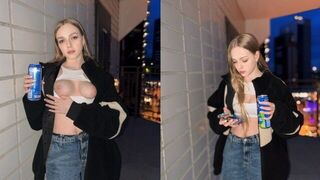 A cute girl showed more than her tits for the energy drink advertisement