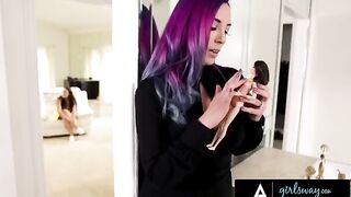 A girl with a stunning hair color is having fun with her friend Angela White