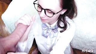 A beautiful Russian woman with glasses has sex and gets cum on her face