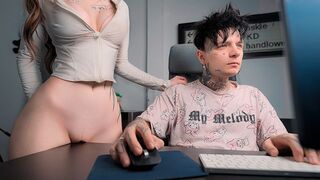 The girl rubs her pussy on the table and asks for a cock, showcasing passionate energy