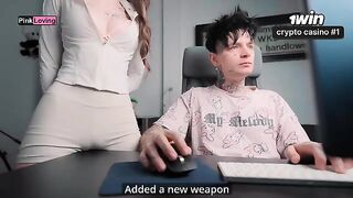 The girl rubs her pussy on the table and asks for a cock, showcasing passionate energy