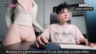 The girl rubs her pussy on the table and asks for a cock, showcasing passionate energy