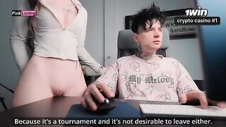 The girl rubs her pussy on the table and asks for a cock, showcasing passionate energy