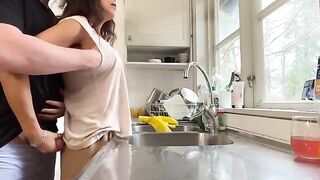 Busty mature seduces her son's husband in the kitchen