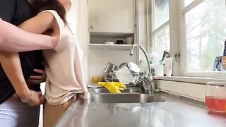 Busty mature seduces her son's husband in the kitchen