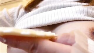 A Japanese woman masturbates her big nipples until she reaches a powerful climax