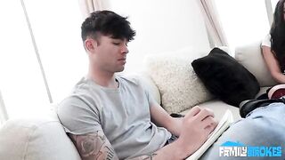 A brunette woman greedily sucks cock, choking on her own saliva in a steamy POV scene