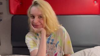 The beautiful girl is getting wet between her legs, thinking about a cock