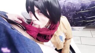 A cosplay couple has sex, imitating a scene from Attack on Titan with Mikasa
