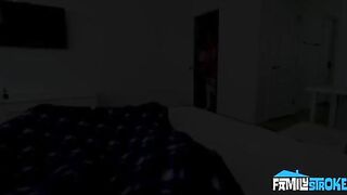 A brunette gives a blowjob to her new lover on the bed