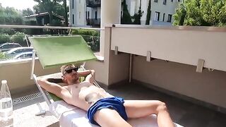 A beautiful Italian girl makes a blowjob on the balcony of her luxurious villa
