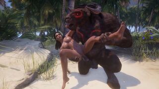 A busty girl is being fucked by two monsters with huge cocks
