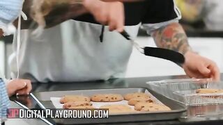 A hot blonde, Khloe Kapri, bakes cookies in a revealing apron, driving someone wild